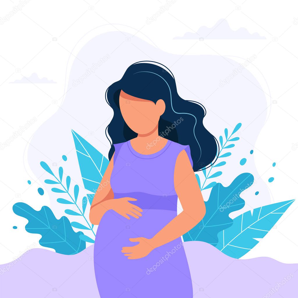 Pregnant woman with nature leaves background. Vector illustration in flat style