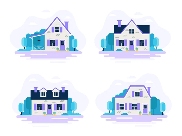 Jolies maisons avec jardin, ensemble de 4 maisons . — Image vectorielle