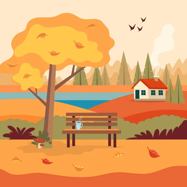 Outono paisagem rural cena com banco bonito, xícara de café, árvore amarela, casa bonito, campos amarelos e natureza. Ilustração vetorial em estilo plano — Vetor de Stock