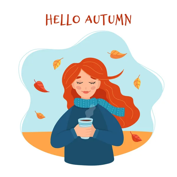 Hallo Herbst nettes Mädchen hält eine Tasse mit Herbst Hintergrund und Blätter. Niedlicher Schriftzug. Vektor-Illustration im flachen Stil — Stockvektor