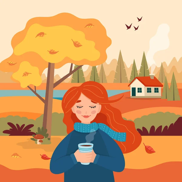 Automne fille avec tasse de café, paysage vue rurale avec arbre jaune, jolie maison, champs et nature. Illustration vectorielle en style plat — Image vectorielle