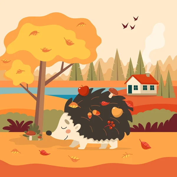 Cute hedgehog with autumn background with tree and a house. Hedgehog with apples, mushrooms and leaves. Seasonal vector illustration in flat style — Stock Vector