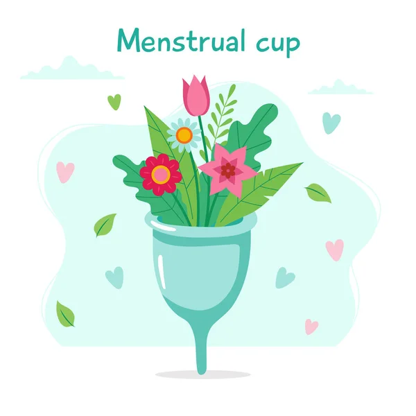 Menstruations bägare med blommor och bokstäver. Eco hållbar livsstil söt koncept illustration. Vektor illustration i tecknad stil — Stock vektor