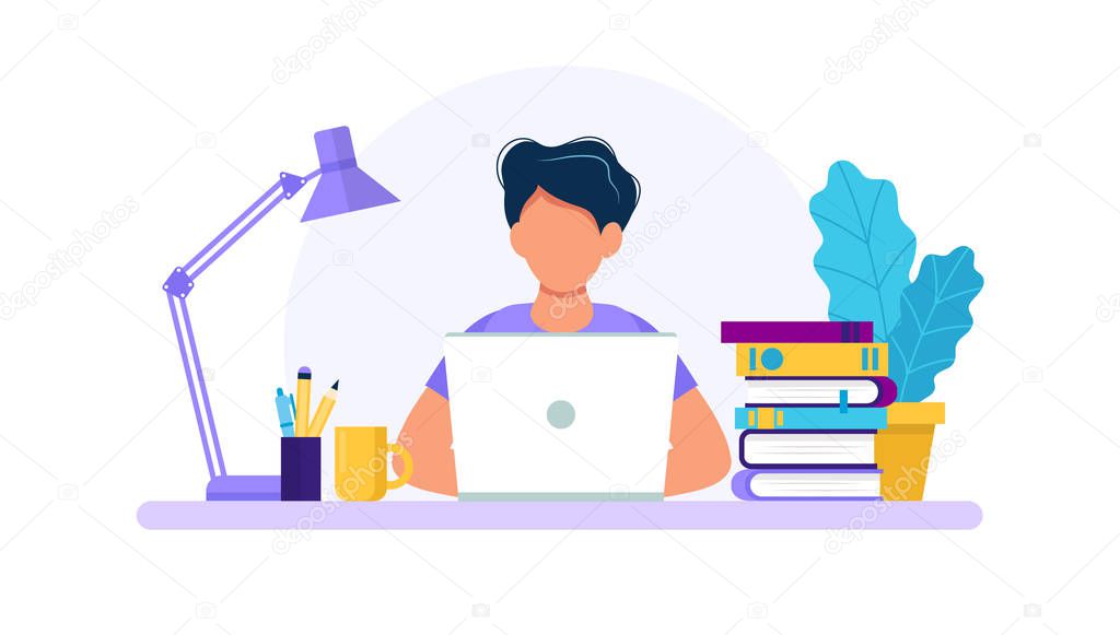 Man with laptop, studying or working concept. Table with books, lamp, coffee cup. Vector illustration in flat style