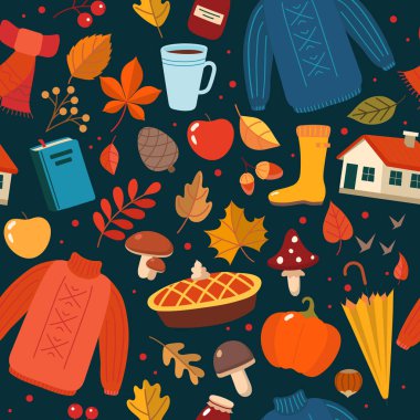 Sonbahar el koyu arka planda mevsimlik elemanları ile Dikişsiz desen çizilmiş. Düz tarzda sevimli vektör illüstrasyon