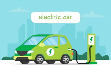 Şehir arka plan ve yazı üzerinde elektrikli araba şarj. Çevre, ekoloji, sürdürülebilirlik, temiz hava, gelecek için konsept Illustration. Düz tarzda vektör Illustration.