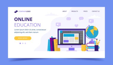 Bir bilgisayar ve farklı kitaplar ile online eğitim açılış sayfası. Düz tarzda vektör Illustration