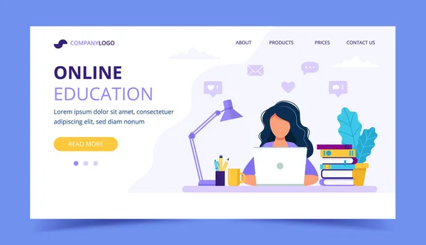 Bilgisayar ile okuyan bir kız ile online eğitim açılış sayfası. Düz tarzda vektör Illustration