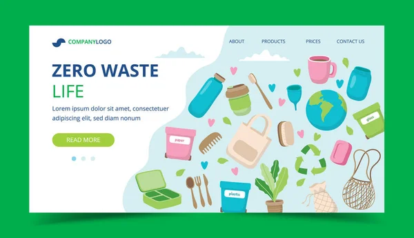 Zero Waste landing page met ecologische elementen-Afvalsortering, herbruikbare cups, katoenen boodschappentas, toiletartikelen. Concept vector illustratie voor duurzame levensstijl — Stockvector