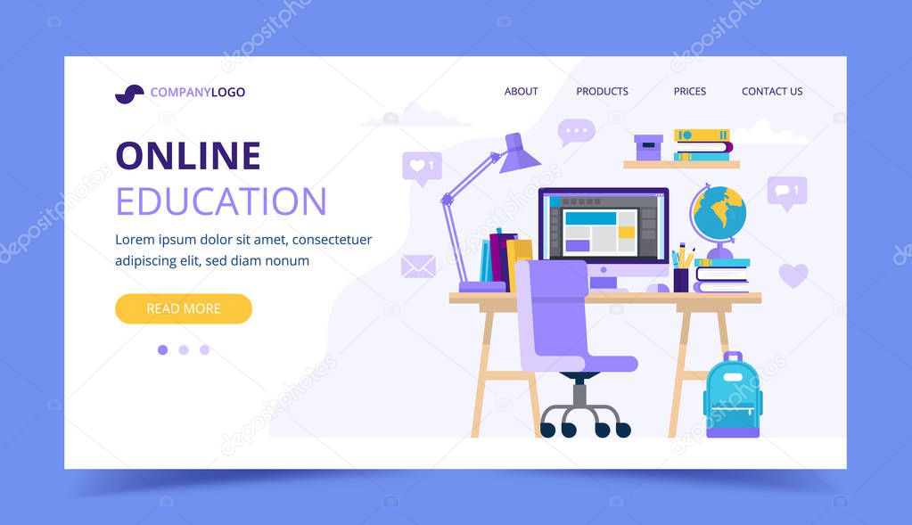 Online education landing page with a student desk with different studying items. Vector illustration in flat style