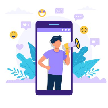 Akıllı telefon içinde megafon ile Man - bir arkadaş, promosyon, reklam duyuru kavramı illüstrasyon bakın. Düz tarzda vektör çizimi.