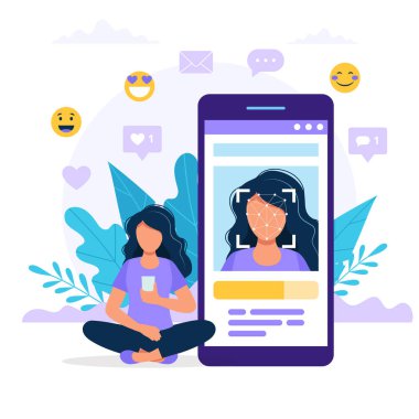 Yüz tanıma teknolojisi konsept illüstrasyon. Üzerinde fotoğraf olan büyük akıllı telefonun yanında oturan kadın. Düz tarzda vektör çizimi