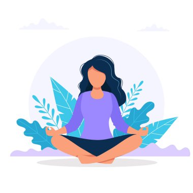 Doğada meditasyon eden kadın. Yoga, meditasyon, dinlenmek, eğlence, sağlıklı yaşam tarzı için kavram illüstrasyon. Düz çizgi film tarzında vektör illüstrasyon