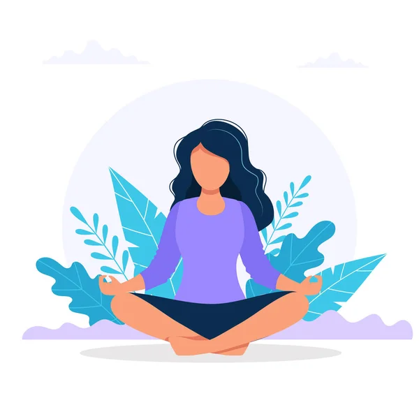 Mulher meditando na natureza. Ilustração de conceito para ioga, meditação, relaxar, recreação, estilo de vida saudável. Ilustração vetorial em estilo de desenho animado plano — Vetor de Stock