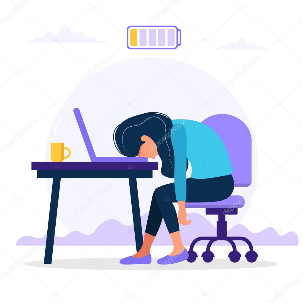 Burnout concept illustration with exhausted female office worker sitting at the table with low battery. Frustrated worker, mental health problems. Vector illustration in flat style