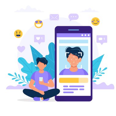 Yüz tanıma teknolojisi konsept illüstrasyon. Üzerinde fotoğraf olan büyük akıllı telefonun yanında oturan adam. Düz tarzda vektör çizimi