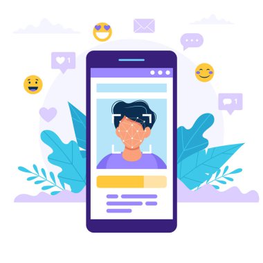 Yüz tanıma teknolojisi konsept illüstrasyon. Üzerinde erkek fotoğrafı olan akıllı telefon. Düz tarzda vektör çizimi