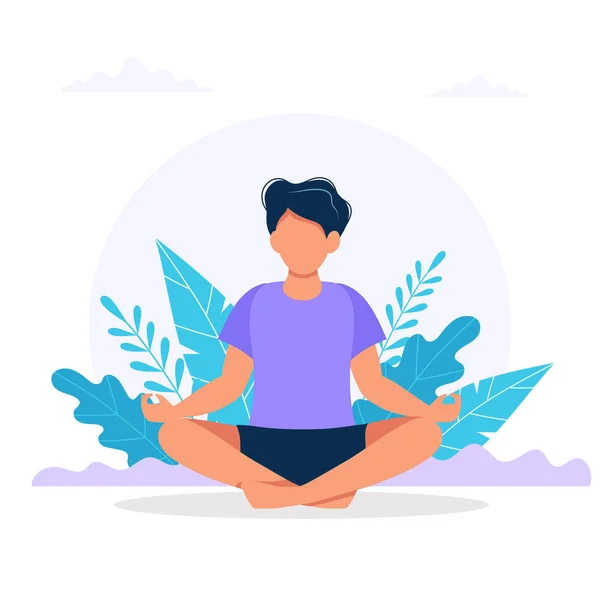 Doğada meditasyon eden bir adam. Yoga, meditasyon, dinlenmek, eğlence, sağlıklı yaşam tarzı için kavram illüstrasyon. Düz çizgi film tarzında vektör illüstrasyon
