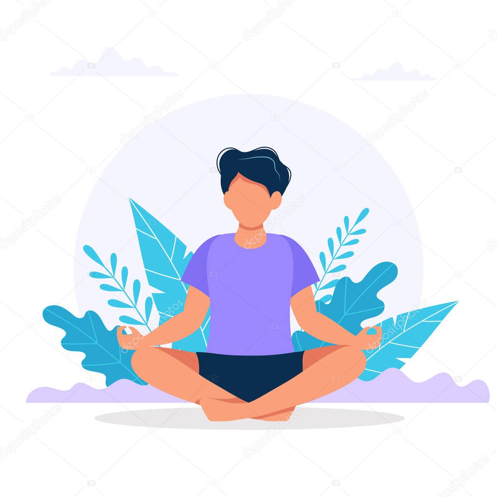 Man meditating in nature. Concept illustration for yoga, meditation, relax, recreation, healthy lifestyle. Vector illustration in flat cartoon style
