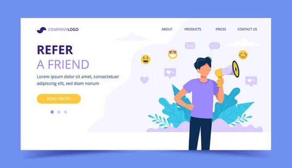 Refer a friend landing page with man holding megaphone. Promotion, advertising, announcement concept illustration. Vector illustration in flat style. — Stock Vector
