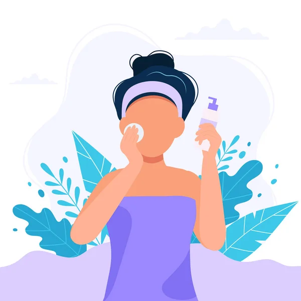 Soin de la peau. Femme nettoyant son visage avec un produit cosmétique, routine beauté. Illustration vectorielle mignonne dans un style plat . — Image vectorielle