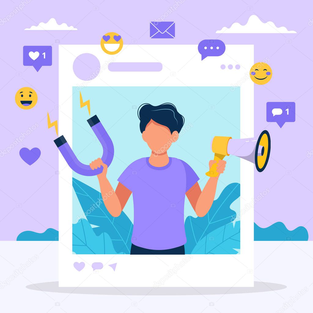 Social media influencer. Illustration with man holding megaphone and magnet in the social profile frame. Different social media icons. Vector illustration in flat style