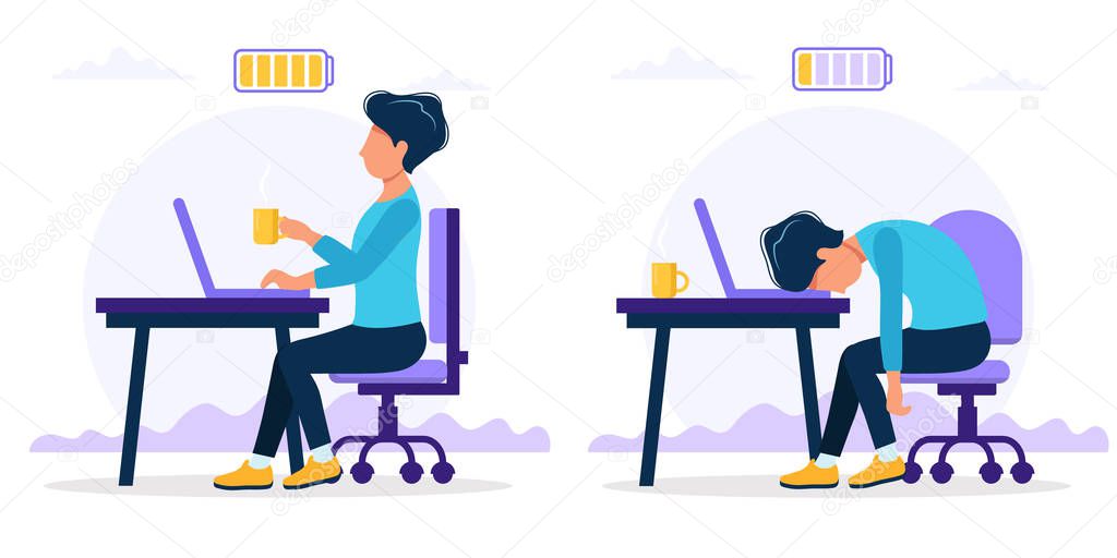 Burnout concept illustration with happy and exhausted male office worker sitting at the table with full and low battery. Frustrated worker, mental health problems. Vector illustration in flat style