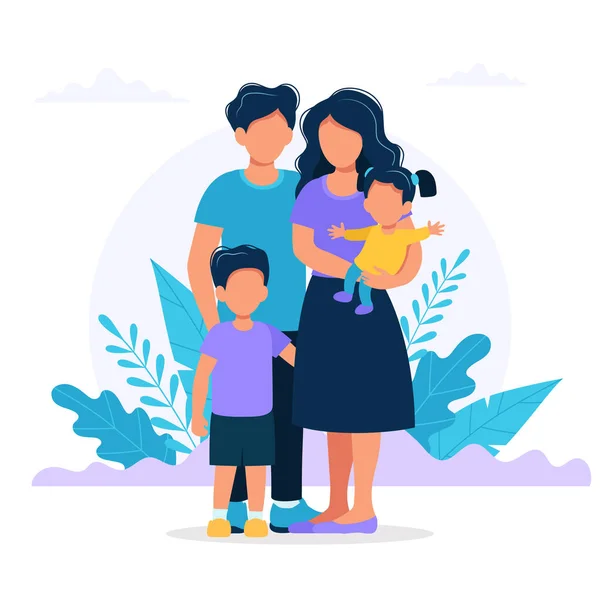 Семья с детьми. Мать, отец, мальчик и девочка, семейное фото. Векторная иллюстрация в плоском стиле — стоковый вектор