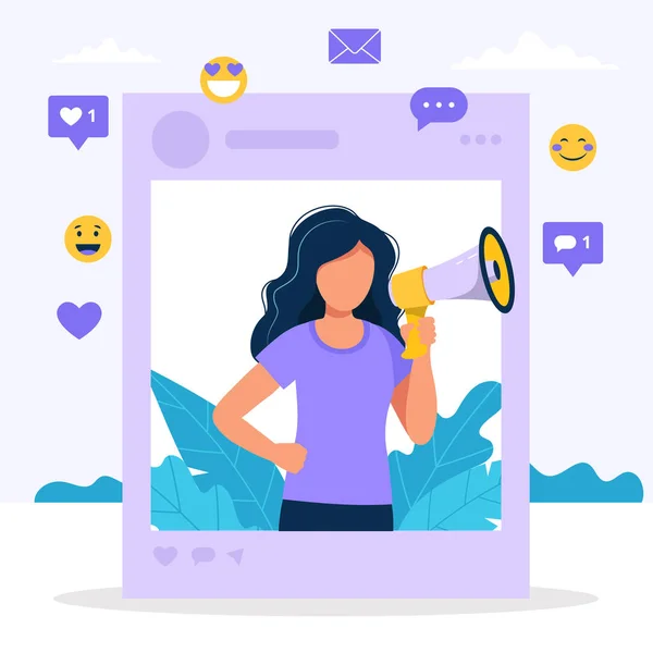 Sosyal profil çerçevesinde megafon tutan kadın ile Influencer pazarlama illüstrasyon. Farklı sosyal medya simgeleri. Düz tarzda vektör çizimi