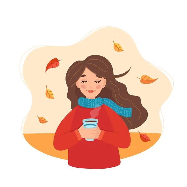Χαριτωμένο κορίτσι κρατώντας ένα φλιτζάνι καφέ με φθινοπωρινό φόντο και φύλλα. Εικονοδιάνυσμα σε επίπεδη τεχνοτροπία — Διανυσματικό Αρχείο