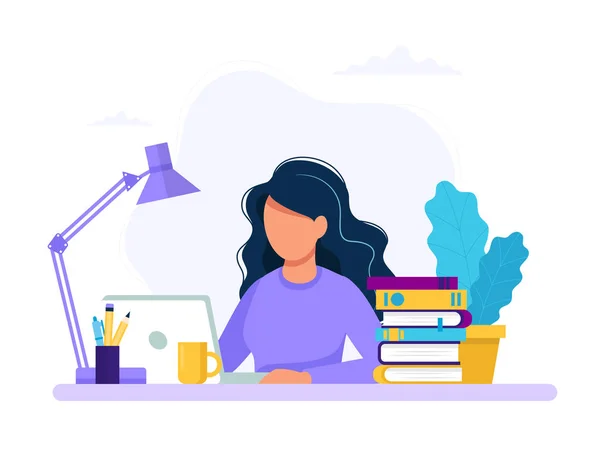Mujer con portátil, educación o concepto de trabajo. Mesa con libros, lámpara, taza de café. Ilustración vectorial en estilo plano — Vector de stock