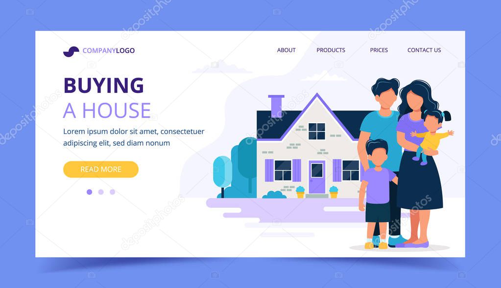 Happy family with house. Landing page template for mortgage, buying a house, real estate concept. Vector illustration in flat style