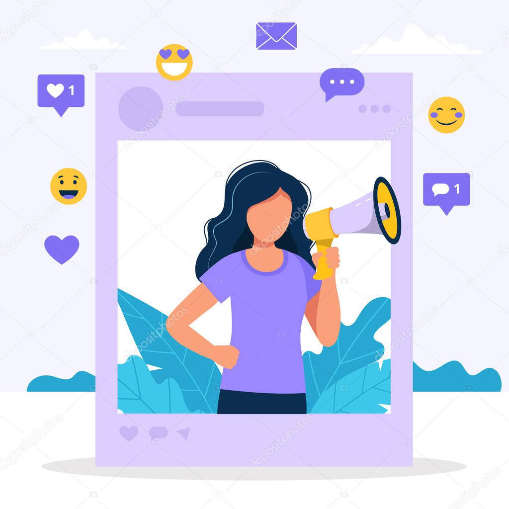 Influencer marketing illustration with woman holding megaphone in the social profile frame. Different social media icons. Vector illustration in flat style