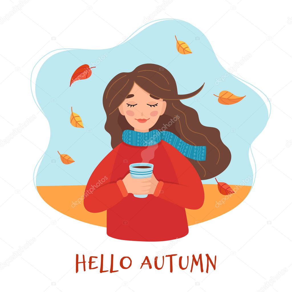Cute girl holding a coffee cup with autumn background, leaves and lettering. Hello autumn. Vector illustration in flat style