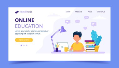 Çocuklar için online eğitim açılış sayfası. Bilgisayar ve kitaplarla okuyan bir çocuk. Düz tarzda vektör çizimi