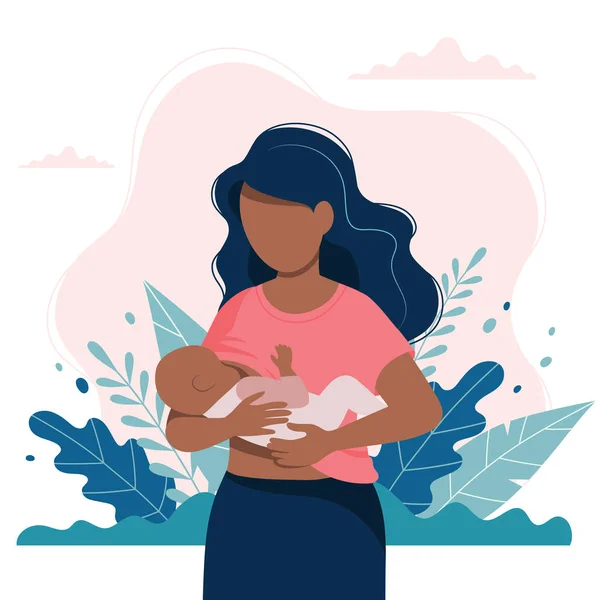 Mujer negra amamantando a un bebé con la naturaleza y deja el fondo. Ilustración vectorial conceptual en estilo plano . — Vector de stock