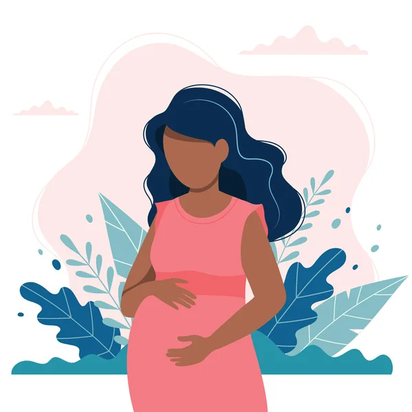 Femme enceinte noire avec la nature et les feuilles de fond. Illustration vectorielle concept en style plat. — Image vectorielle