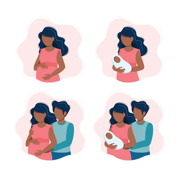 黑人孕妇，抱着新生儿的妇女，一对期待中的黑人夫妇，父母带着婴儿。卡通风格的矢量插图. — 图库矢量图片