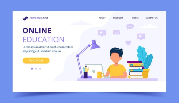 Çocuklar için online eğitim açılış sayfası. Bilgisayar ve kitaplarla okuyan bir çocuk. Düz tarzda vektör çizimi