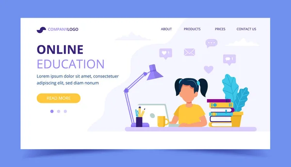 Çocuklar için online eğitim açılış sayfası. Bilgisayar ve kitaplarla okuyan kız. Düz tarzda vektör çizimi