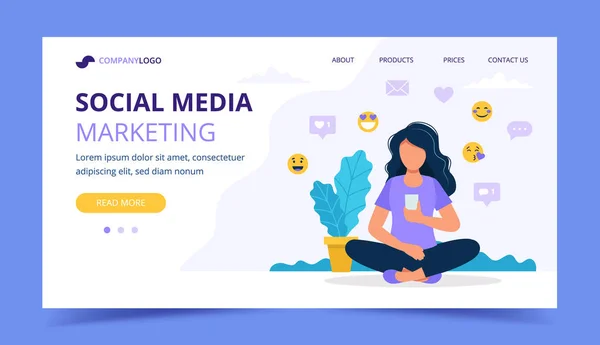 Mujer con un smartphone y diferentes iconos sociales, plantilla de landing page de marketing en redes sociales. Ilustración vectorial en estilo plano — Archivo Imágenes Vectoriales