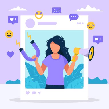 Sosyal medya influencer. Sosyal profil çerçevesinde megafon ve mıknatıs tutan kadın ile İllüstrasyon. Farklı sosyal medya simgeleri. Düz tarzda vektör çizimi