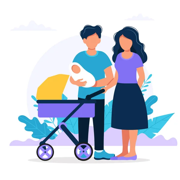 Rodzina trzymanie małego dziecka. Matka, ojciec i ich noworodek, wózek dla niemowląt, rodzinne zdjęcie. Ilustracja wektorowa w stylu płaskim — Wektor stockowy