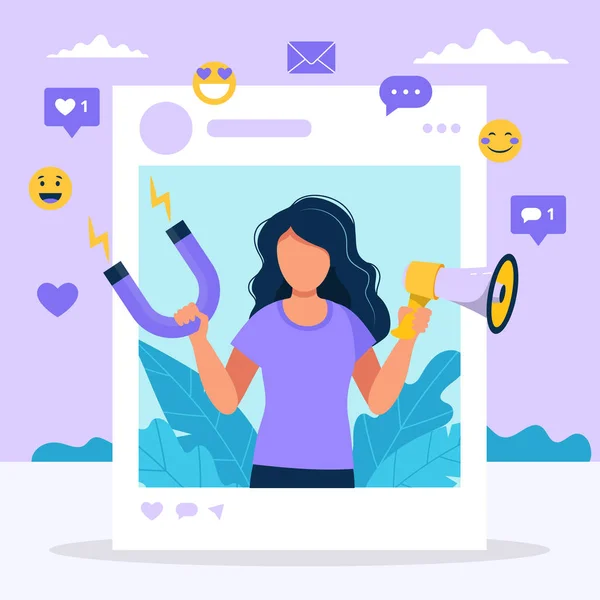 Social media influencer. Illustration with woman holding megaphone and magnet in the social profile frame. Different social media icons. Vector illustration in flat style — Stock Vector