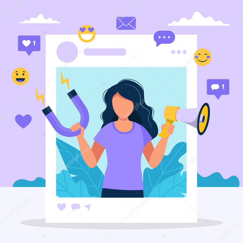 Social media influencer. Illustration with woman holding megaphone and magnet in the social profile frame. Different social media icons. Vector illustration in flat style