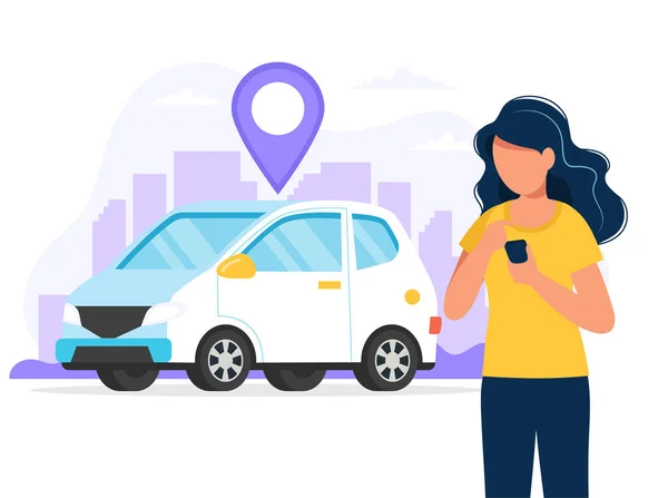 Concetto di car sharing. Donna con smartphone con app per trovare la posizione di un'auto. Servizio di noleggio auto tramite app mobile. Illustrazione vettoriale in stile piatto — Vettoriale Stock