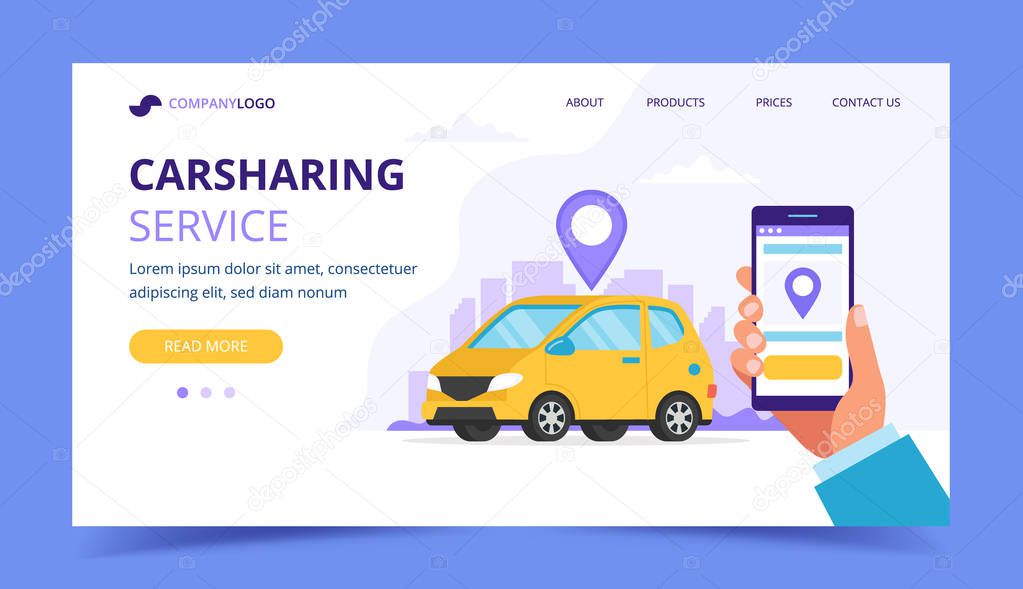 Carsharing landing page. A Hand holding smartphone with an app to find a car location. Car rental service via mobile app. Vector illustration in flat style