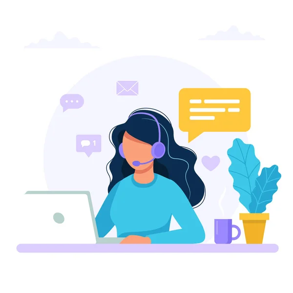 Contactez-nous. Femme avec casque et microphone avec ordinateur. Illustration de concept pour support, assistance, centre d'appels. Illustration vectorielle en style plat — Image vectorielle