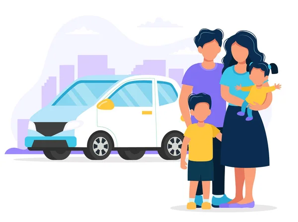 Familia feliz con coche y fondo de la ciudad. Ilustración conceptual para comprar un coche o viajar. Ilustración vectorial en estilo plano — Vector de stock