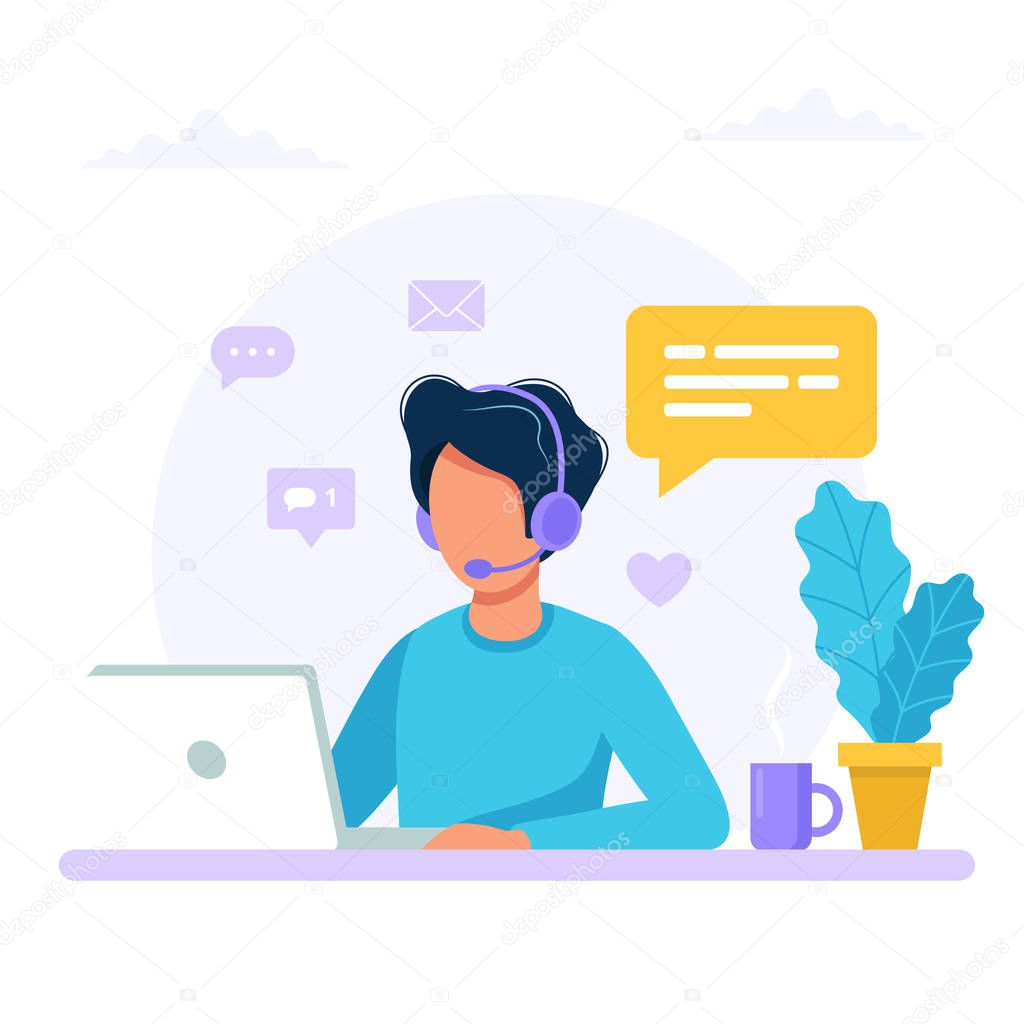 Contact us. Man with headphones and microphone with computer. Concept illustration for support, assistance, call center. Vector illustration in flat style
